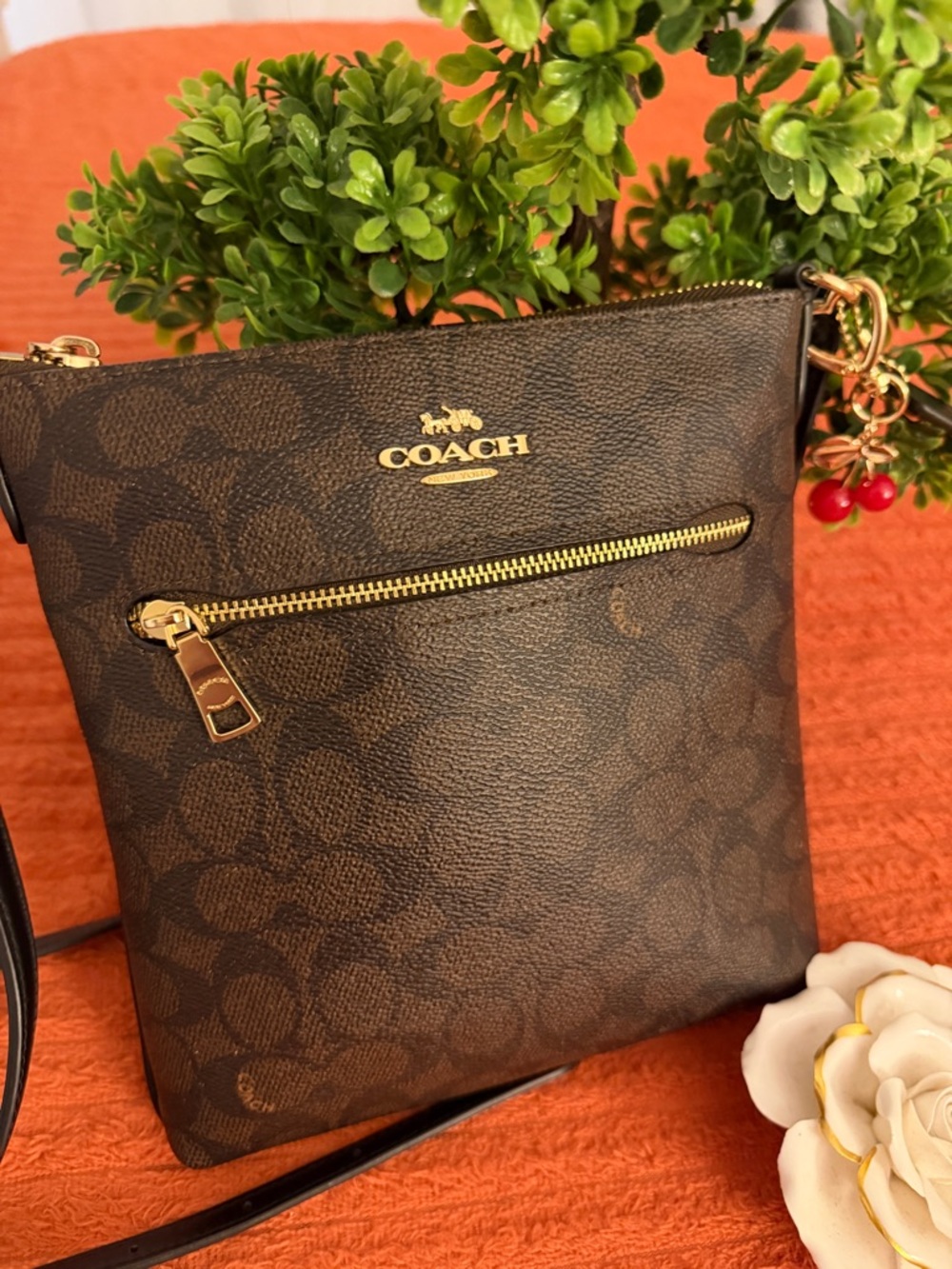 Coach Brown Signature Crossbody with Cherry Charm - Picture 4 of 16